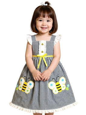 Charming Gingham Dress with Bright Bumblebee Accents